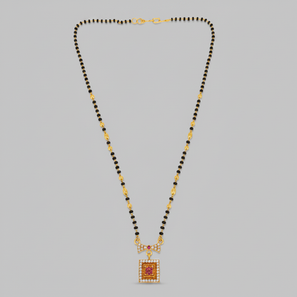 Elegant Black Bead Mangalsutra with Sparkling CZ Bow and Ruby Pendant