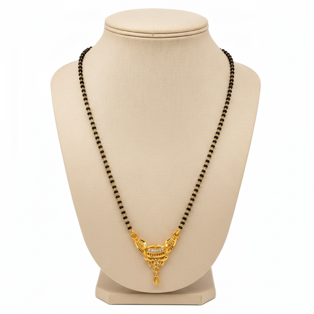 Women's Traditional Black Bead Mangalsutra with CZ Stone Pendant