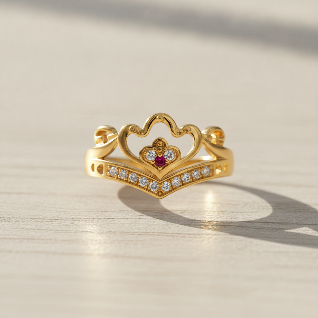 Royal Ruby Heart Crown CZ Statement Ring