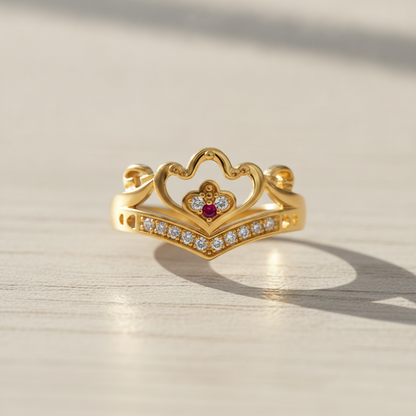 Royal Ruby Heart Crown CZ Statement Ring
