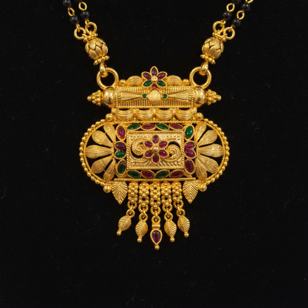 NUGOLD Traditional Multi-Strand Black Bead Mangalsutra with Antique Barrel Pendant
