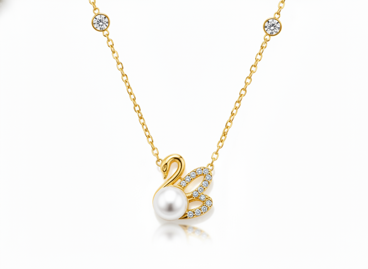 Graceful Swan Pearl Necklace with Sparkling CZ Stones