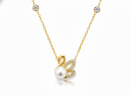 Graceful Swan Pearl Necklace with Sparkling CZ Stones