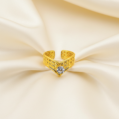 Elegant Structured Anti-Tarnish V-Shape Ring with CZ Stone