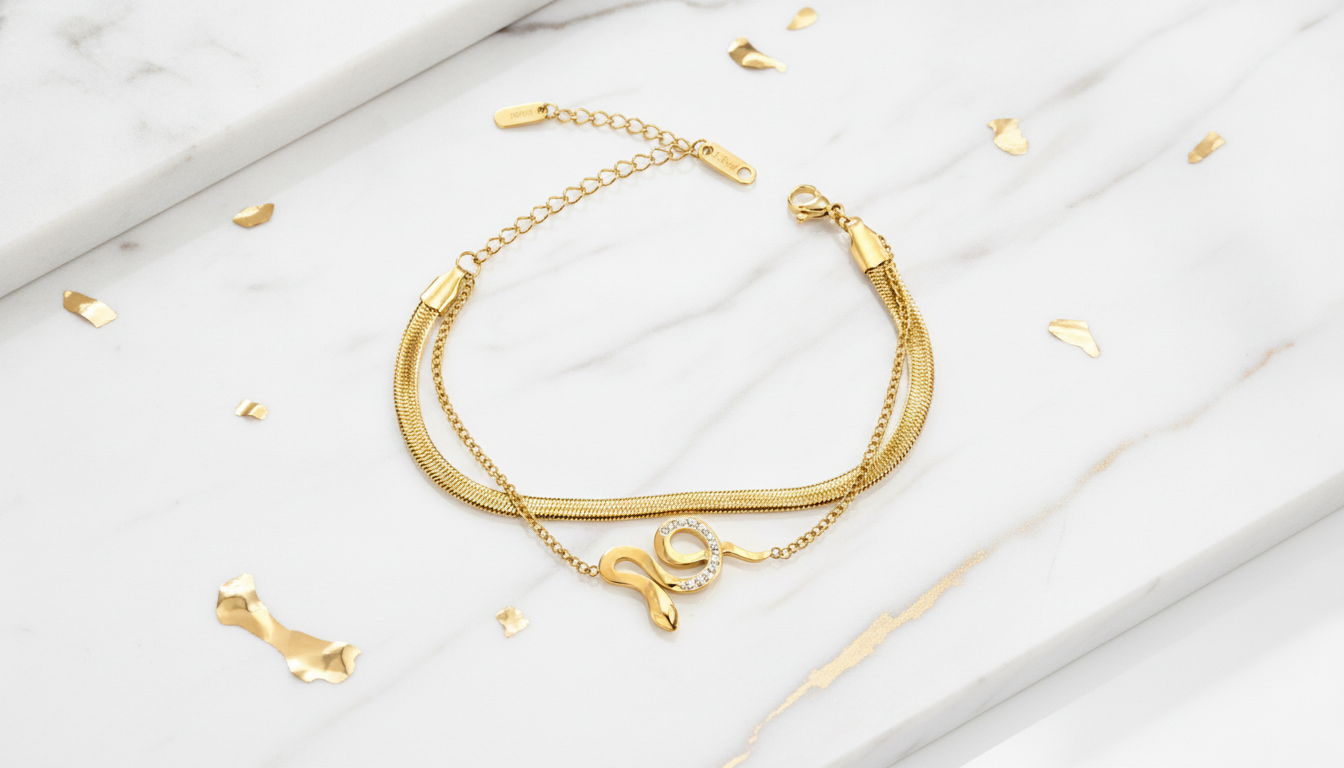 NUGOLD Snake Charm Double Layer Gold-Plated Bracelet for Women