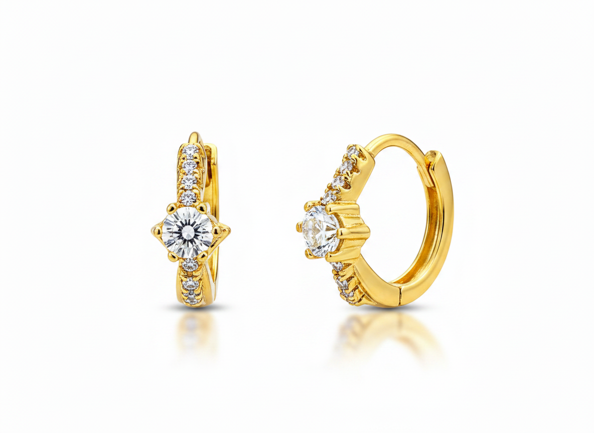 NuGold Solitaire Crystal Gold-Toned Huggie Hoop Earrings for Women