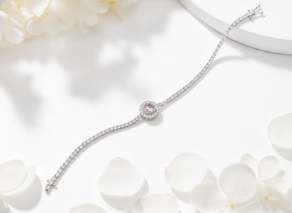Pink Halo CZ Tennis 925 Sterling Silver Bracelet for Women