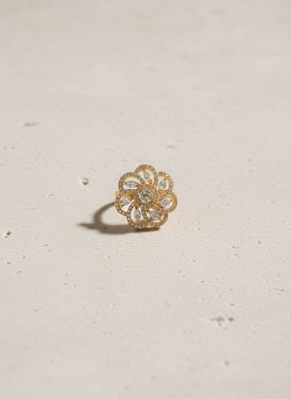 NuGold Luxury Floral Halo Diamond Statement Ring for Women