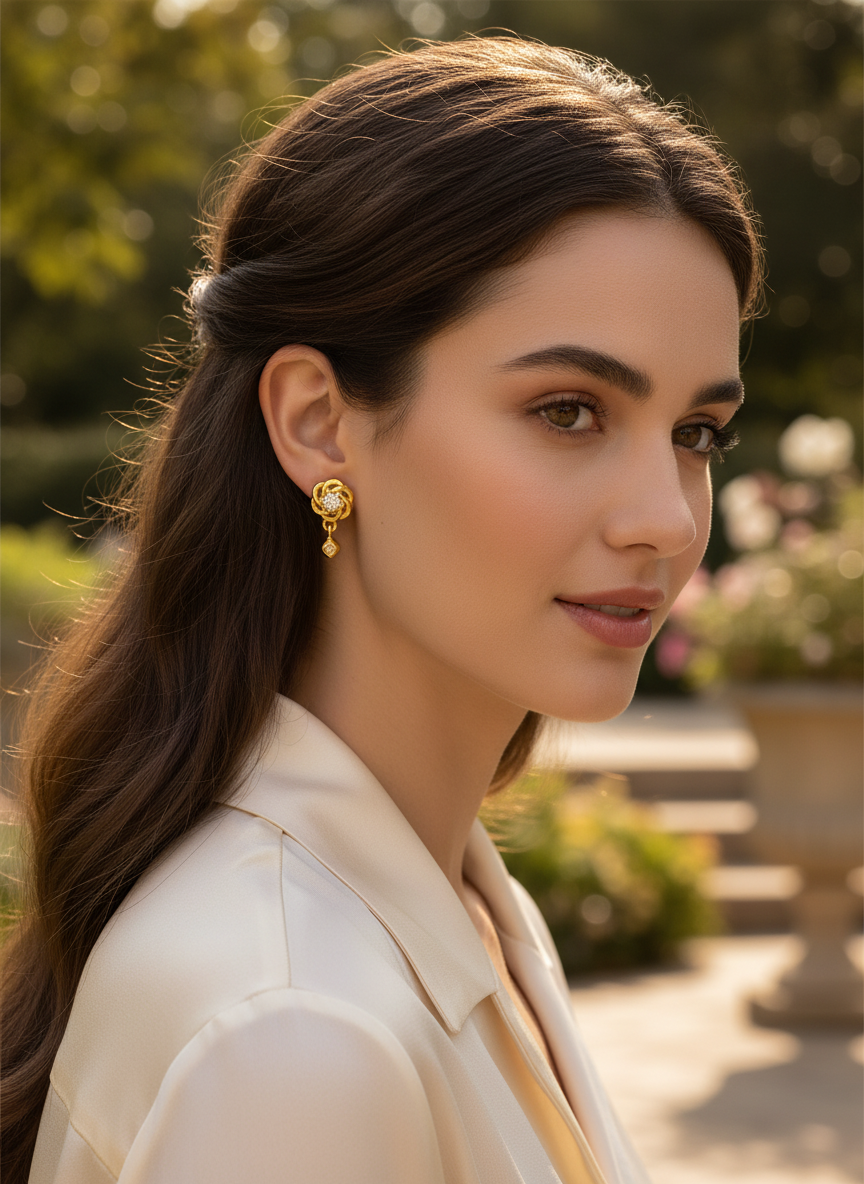 NuGold Floral Crystal Drop Gold-Toned Stud Earrings for Women