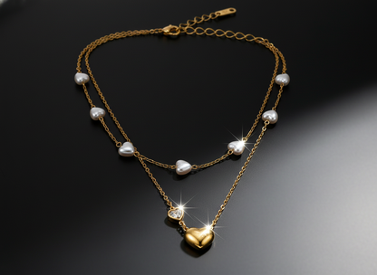Golden Heart & Pearl Double Layer Necklace for Women