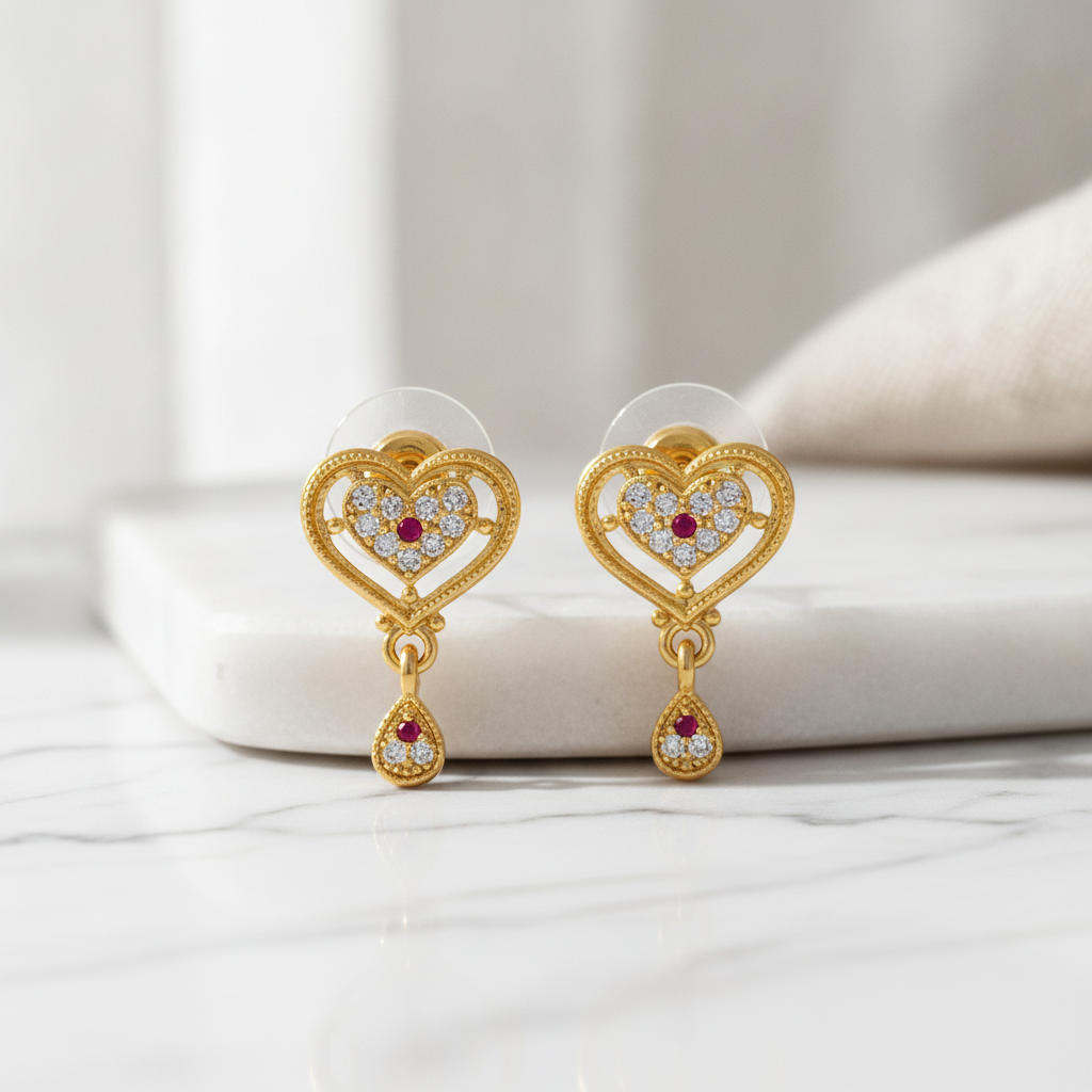 Radiant Imperial Ruby-Tinted Halo Heart Drops Earring