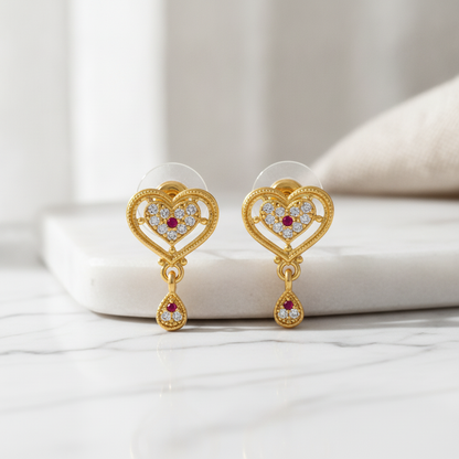 Radiant Imperial Ruby-Tinted Halo Heart Drops Earring