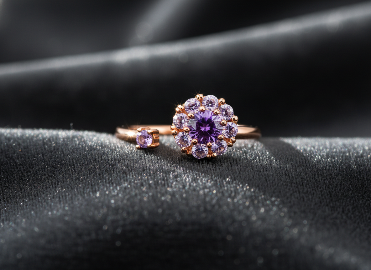 Rose Gold Purple Floral Adjustable Ring for Women