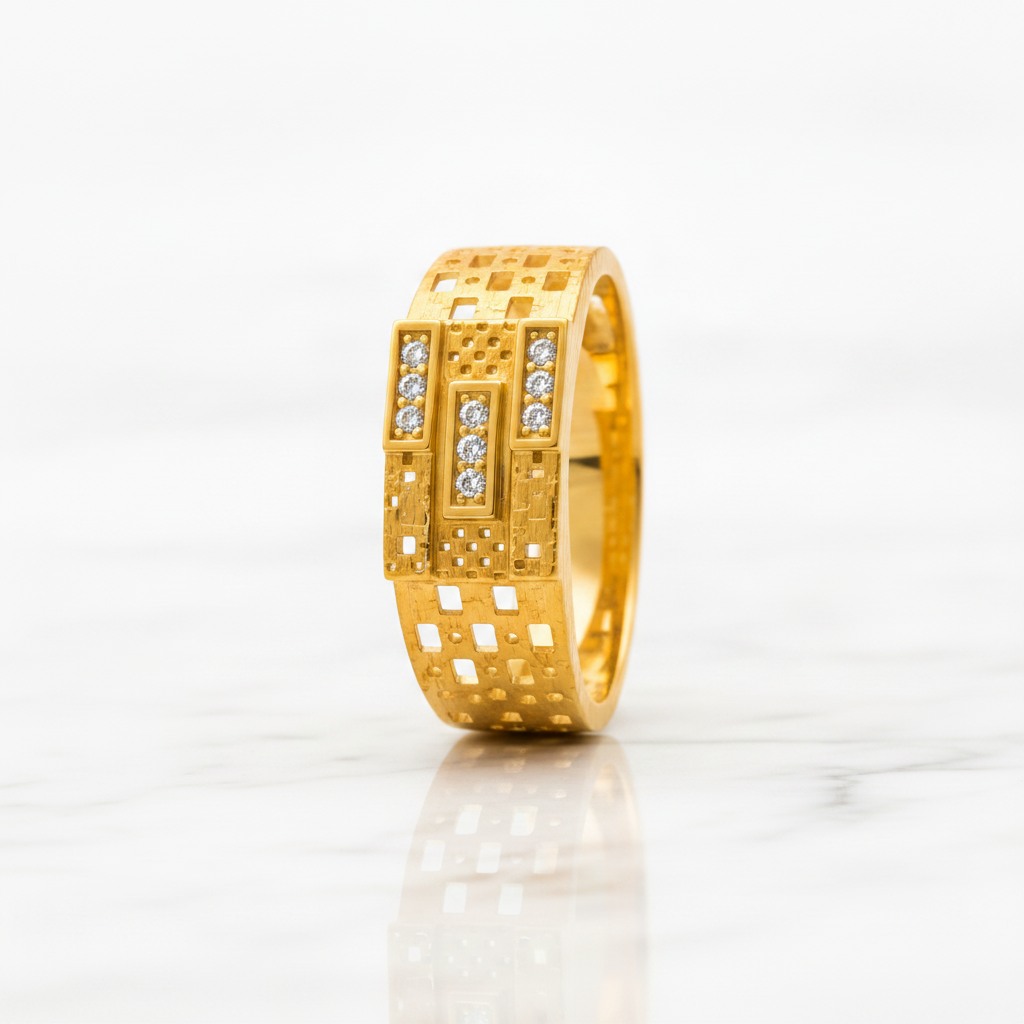 Royal Triple-Bar Crystal Grid Statement Ring for Men