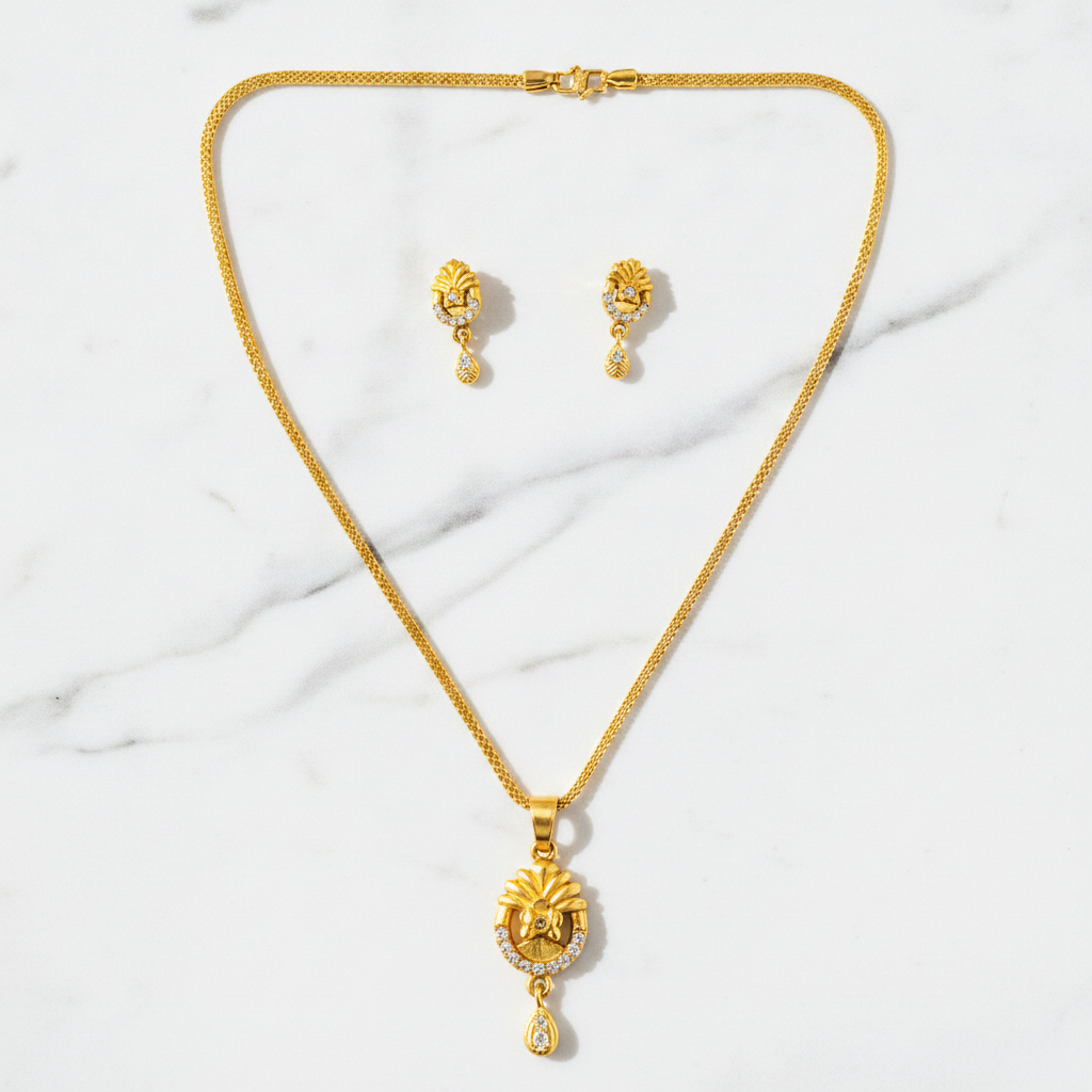 Elegant Floral CZ Pendant Necklace & Earrings Set for Women