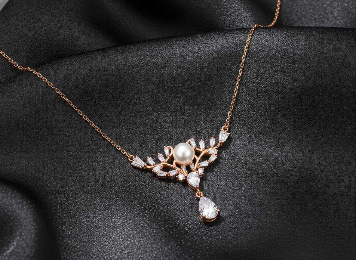 Elegant Pearl Crown Pendant Necklace in Rose Gold
