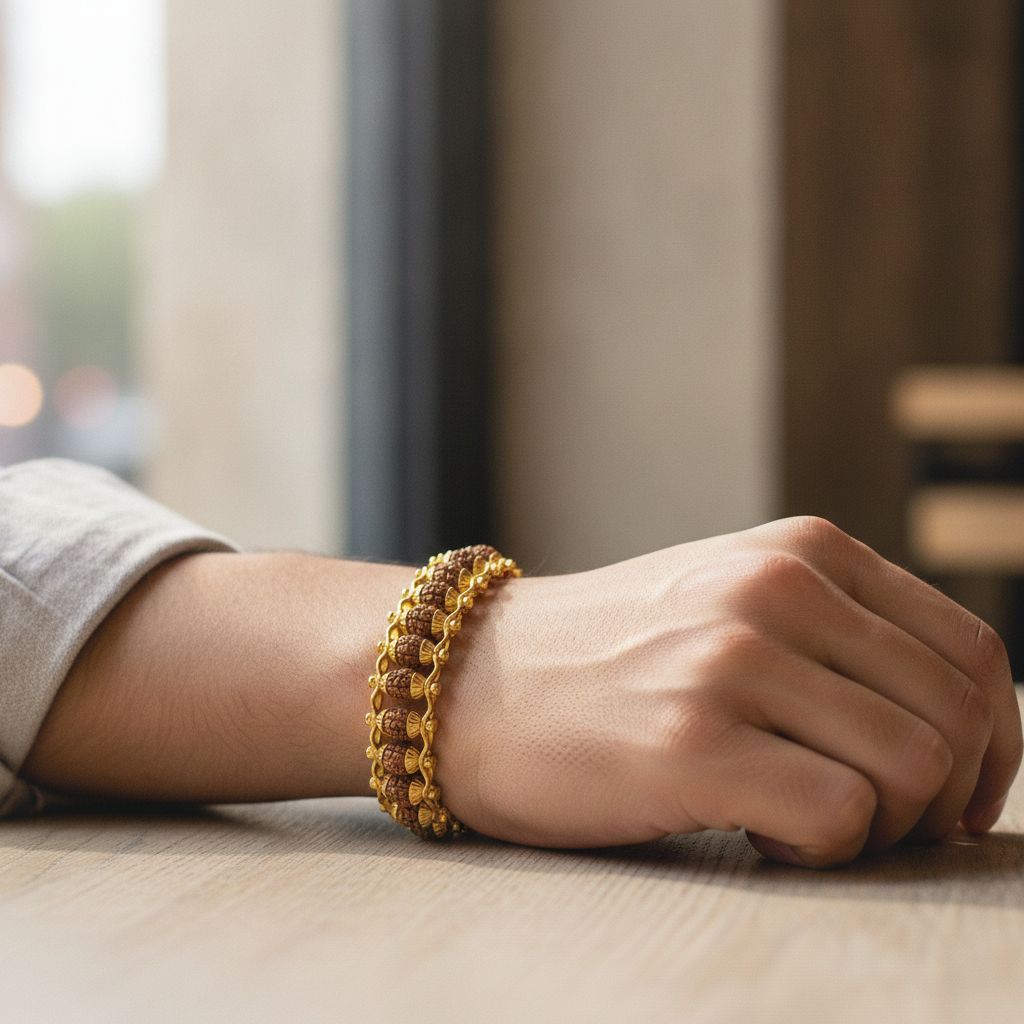 Premium Rudraksha Beaded Gold Bracelet with Dual Chain Design