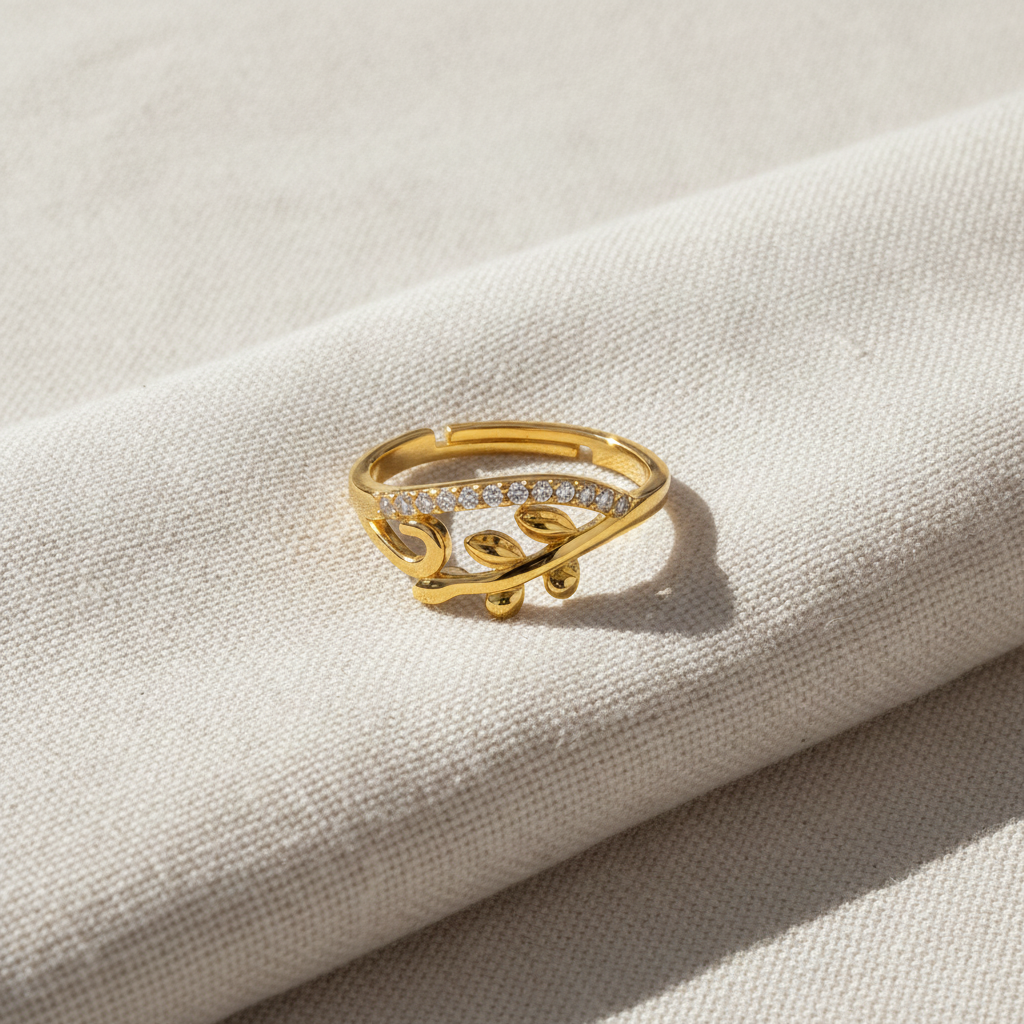 NUGOLD Nature Inspired Leaf Open Ring with Cubic Zirconia
