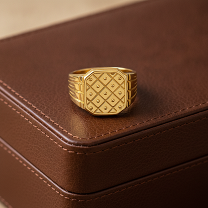 Imperial Checkered Crest Gold Ring For Men