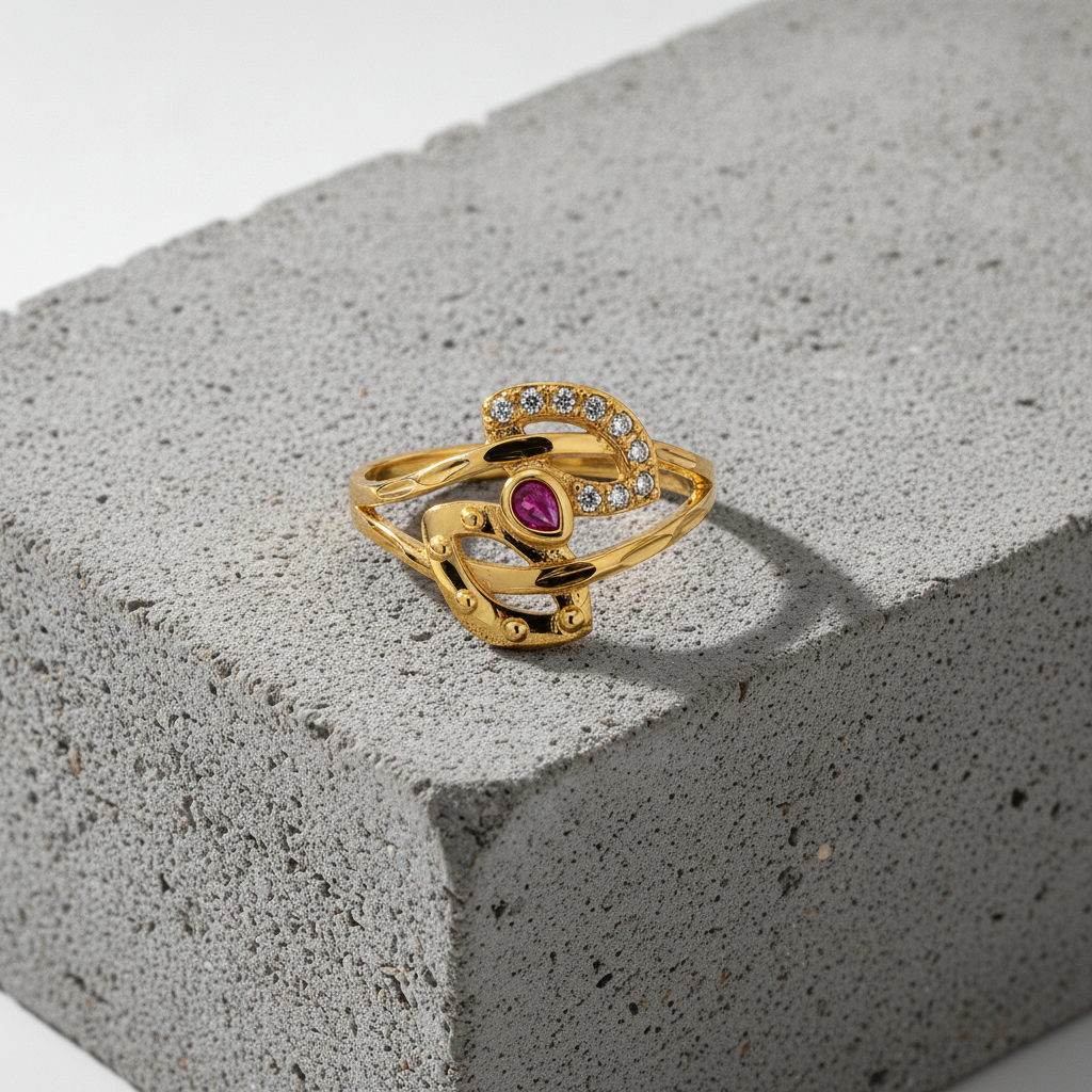 Royal Ruby Crescent Halo Designer Ring
