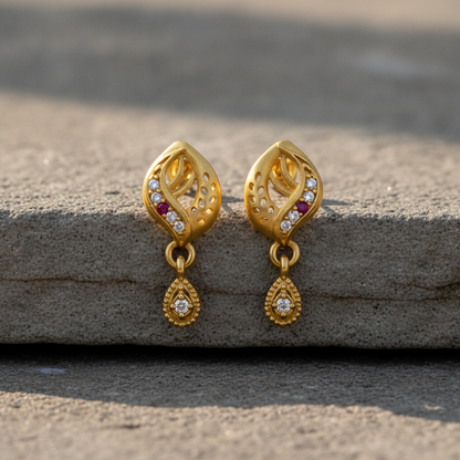 Traditional Swirl Motif Pendant Earrings with Teardrop Beaded Droplets