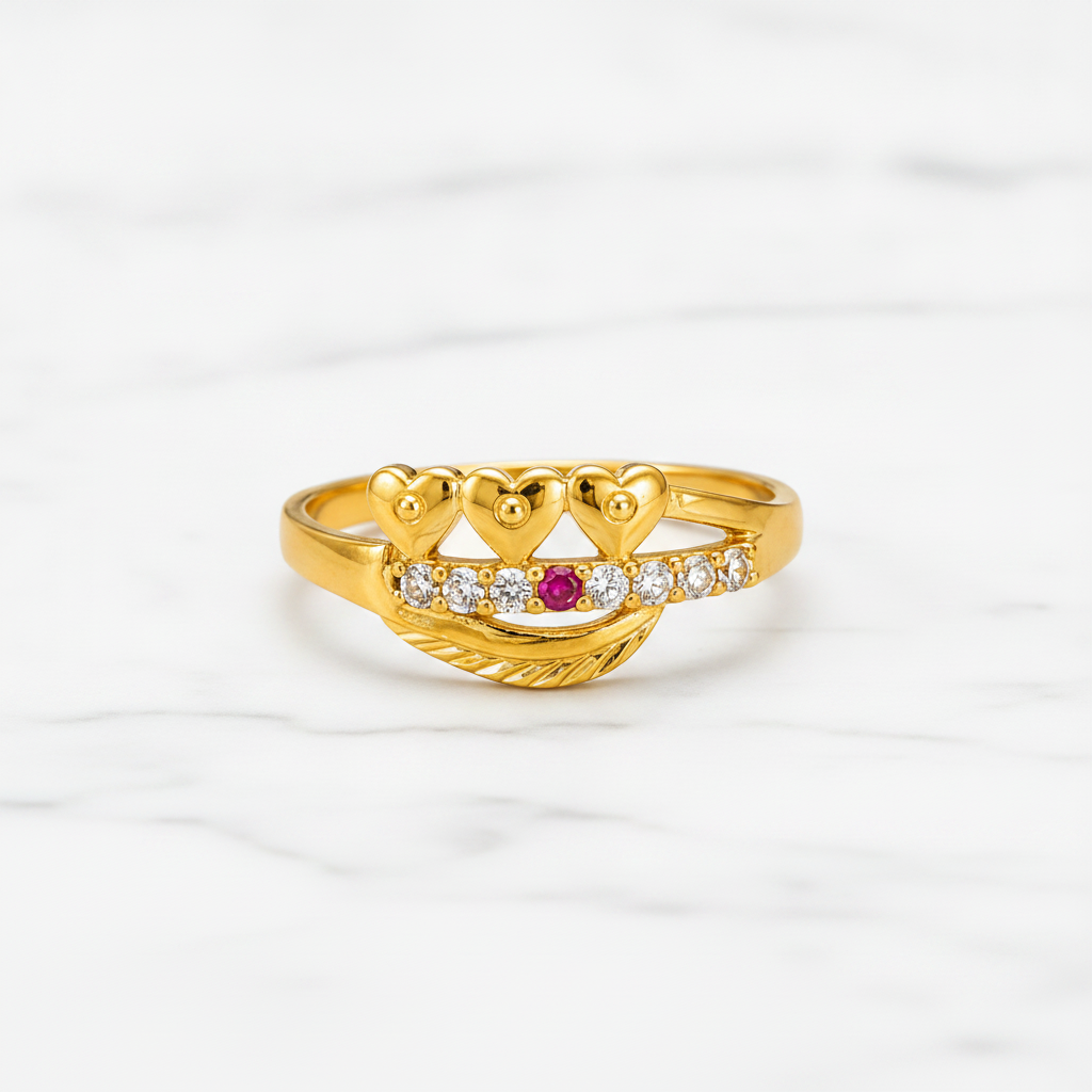 Royal Triple Heart Ruby CZ Elegance Ring