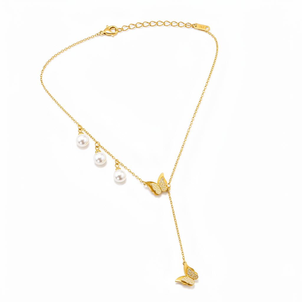 Golden Butterfly Pearl Drop Necklace for Women