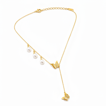 Golden Butterfly Pearl Drop Necklace for Women