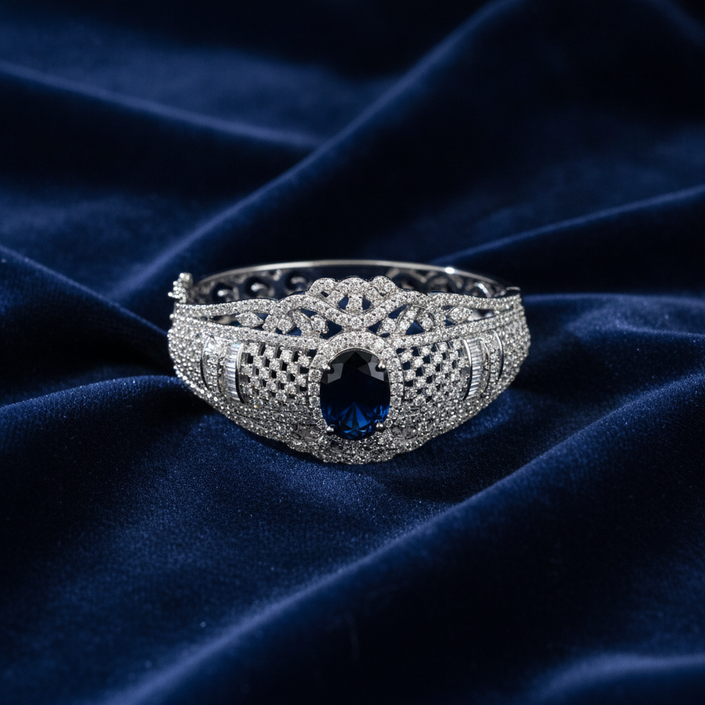 Premium Blue Sapphire Halo CZ Designer Bracelet for Women & Girls