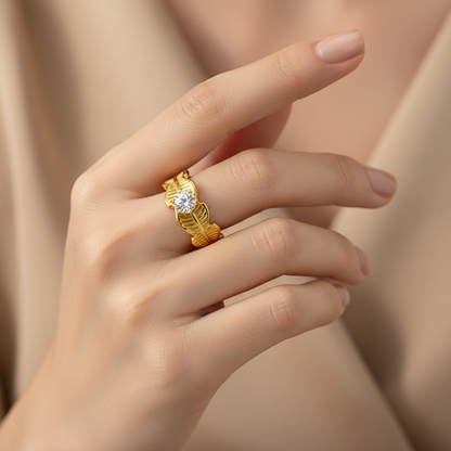 Elegant Leaf Texture Anti-Tarnish Ring with CZ Stone