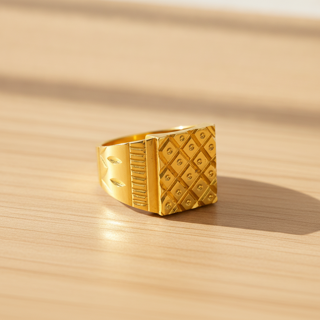 Majestic Grid Crest Gold Ring for Men