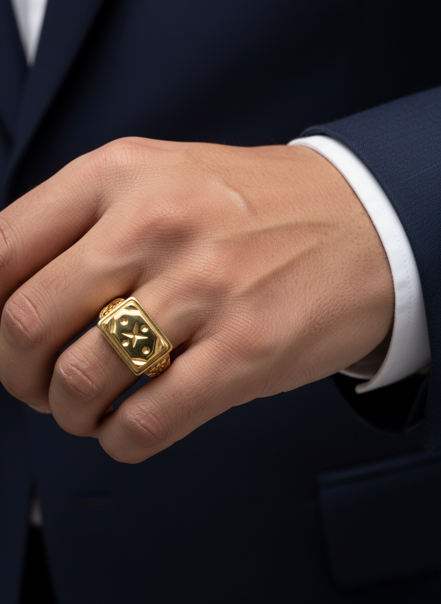 NUGOLD Luxury Men’s Ring with Star Engraved Rectangular Design
