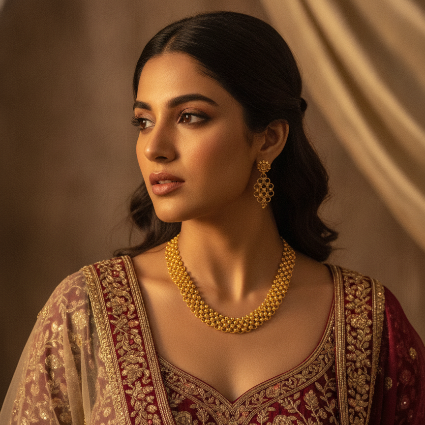 NUGOLD Premium Gold Beaded Choker Necklace Set with Matching Earrings