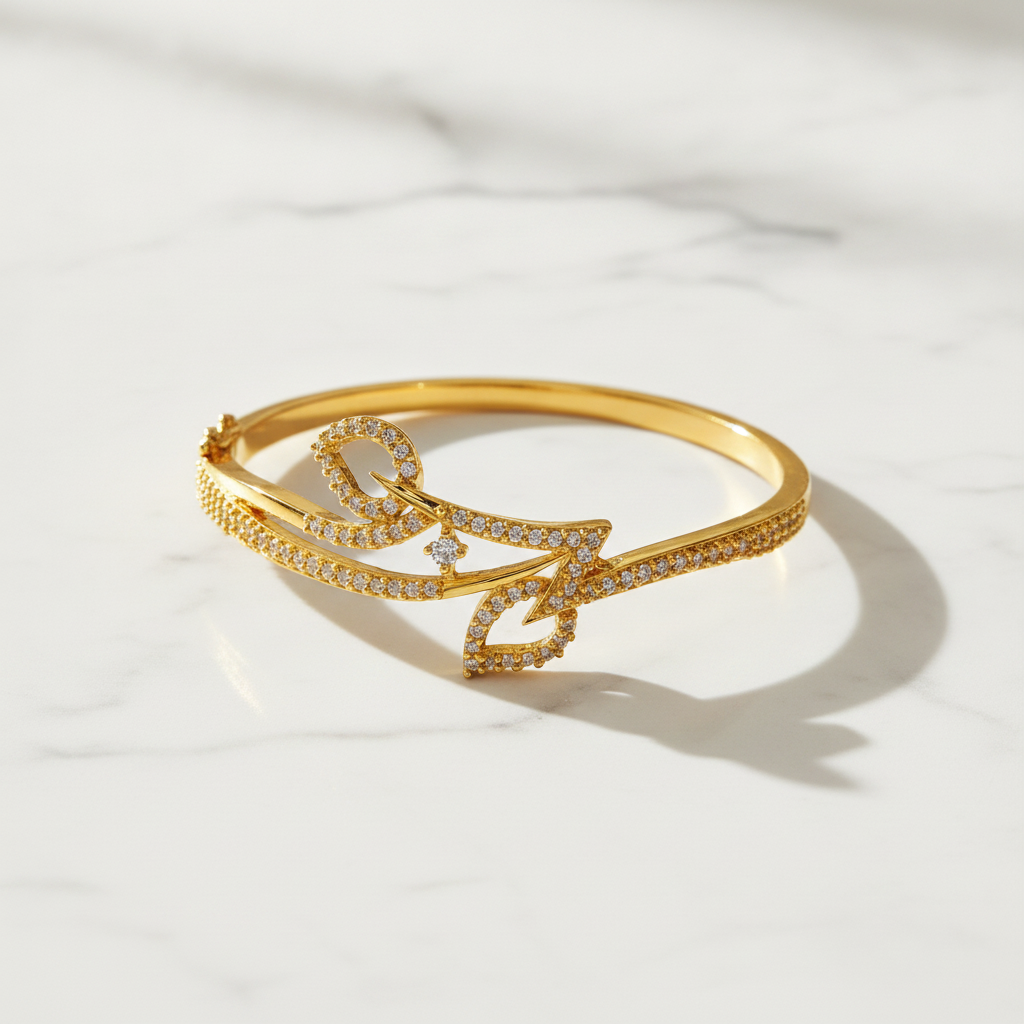 Luxury Leaf Swirl CZ Open Kada Bracelet for Women