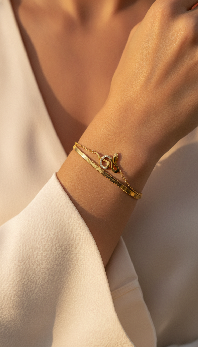 NUGOLD Snake Charm Double Layer Gold-Plated Bracelet for Women
