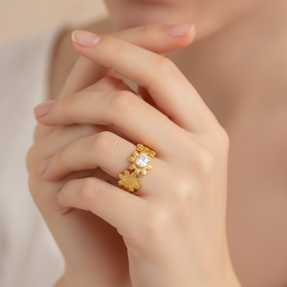 Designer Adjustable Flower Ring with CZ Stone