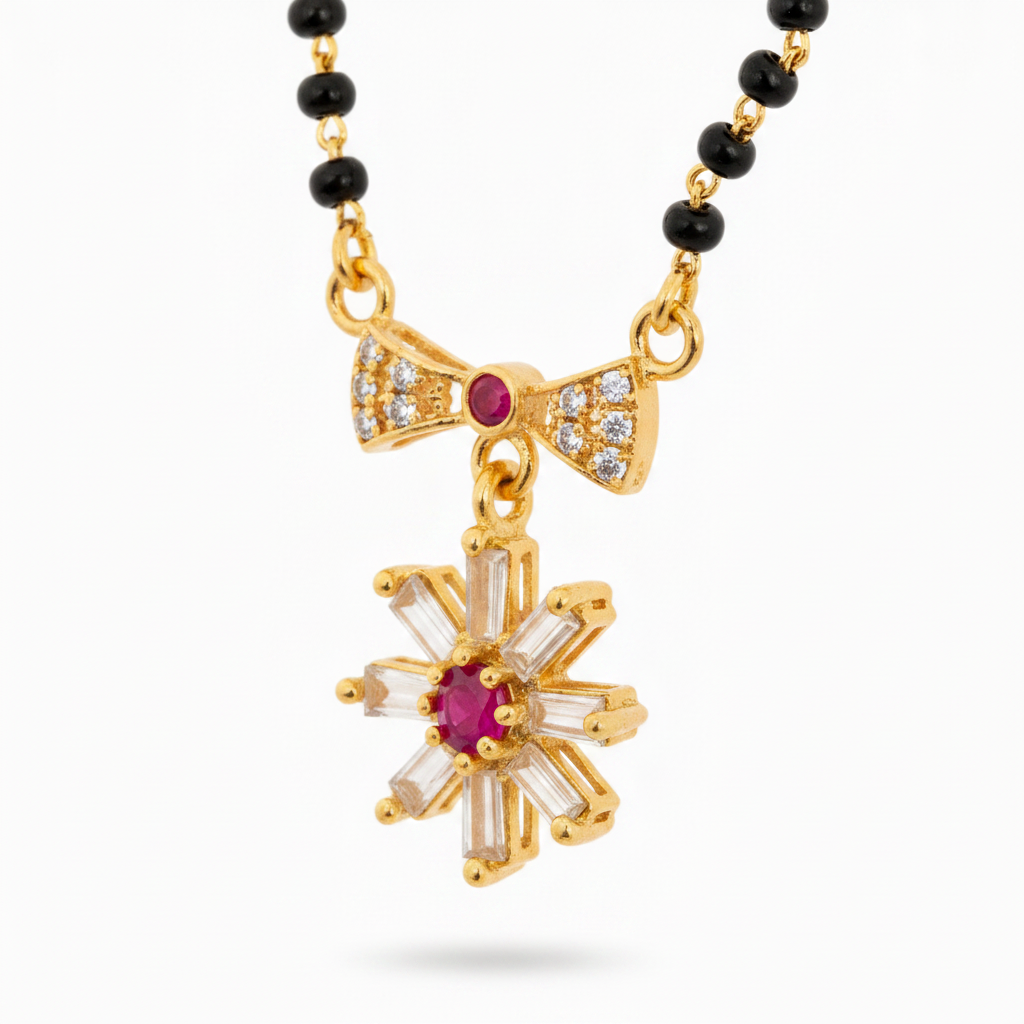 Traditional Mangalsutra with Red Stone & Sparkling CZ Flower Design