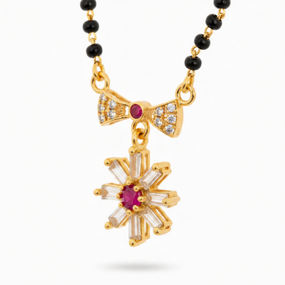 Traditional Mangalsutra with Red Stone & Sparkling CZ Flower Design