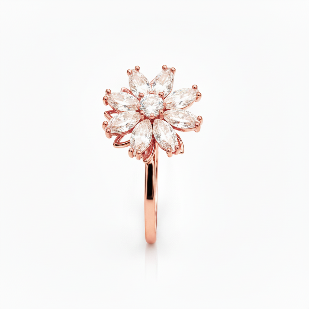A rose gold flower-shaped ring with marquise-cut clear gemstones, shown on a clean white background.