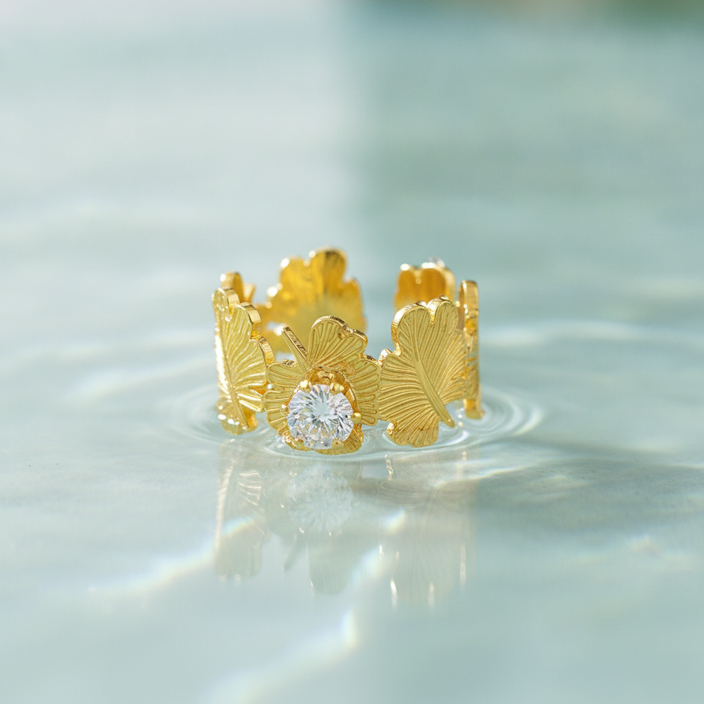 NUGOLD Leaf Adjustable Ring with Solitaire CZ Stone