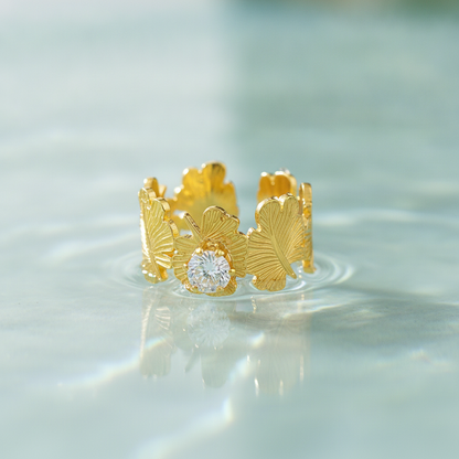NUGOLD Leaf Adjustable Ring with Solitaire CZ Stone
