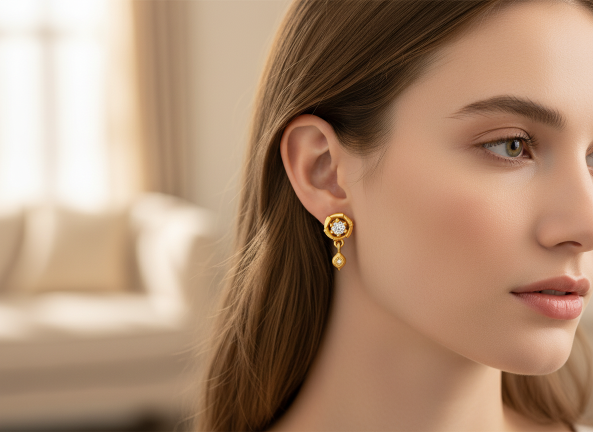 NuGold Floral Crystal Drop Gold-Toned Stud Earrings for Women