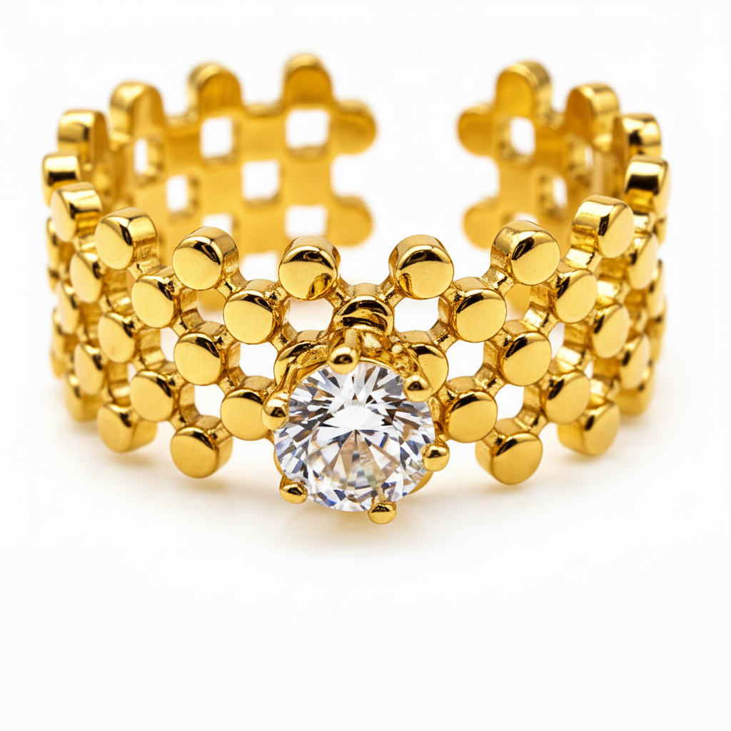 Chic Anti-Tarnish Lattice Pattern Ring with CZ Stone
