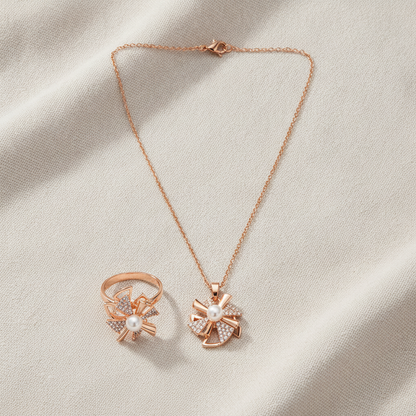 Elegant Rose Gold Pinwheel Pearl & CZ Pendant Necklace with Matching Ring Combo Set for Women