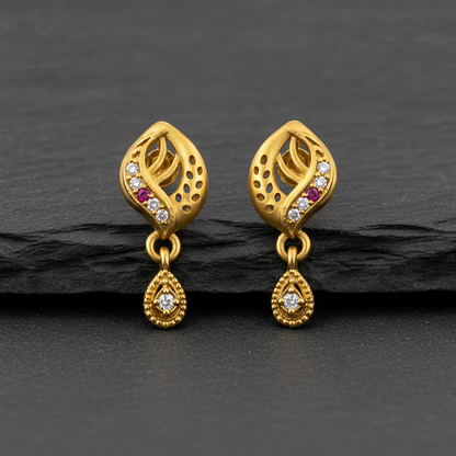 Traditional Swirl Motif Pendant Earrings with Teardrop Beaded Droplets