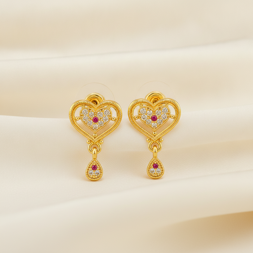 Radiant Imperial Ruby-Tinted Halo Heart Drops Earring