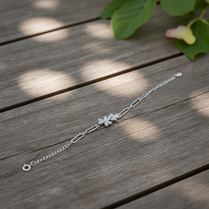 Elegant Twin Daisy Cubic Zirconia 925 Sterling Silver Bracelet for Women & Girls