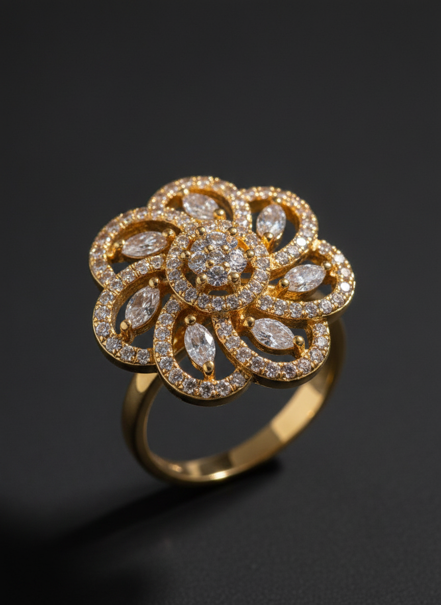 NuGold Luxury Floral Halo Diamond Statement Ring for Women