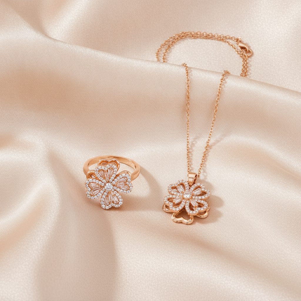Elegant Rose Gold Floral CZ Pendant Necklace with Matching Designer Ring Set for Women