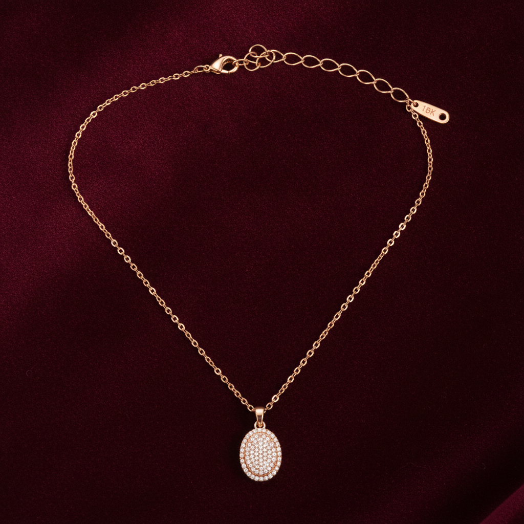 Rose Gold Crystal Halo Oval Pendant Necklace for Women